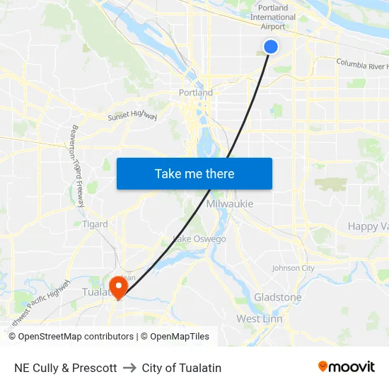 NE Cully & Prescott to City of Tualatin map