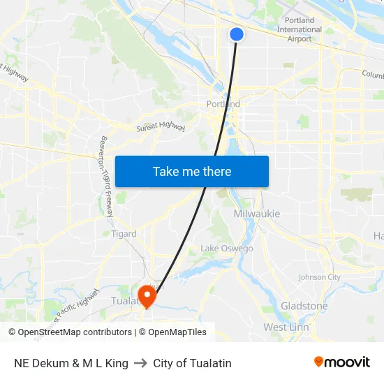 NE Dekum & M L King to City of Tualatin map