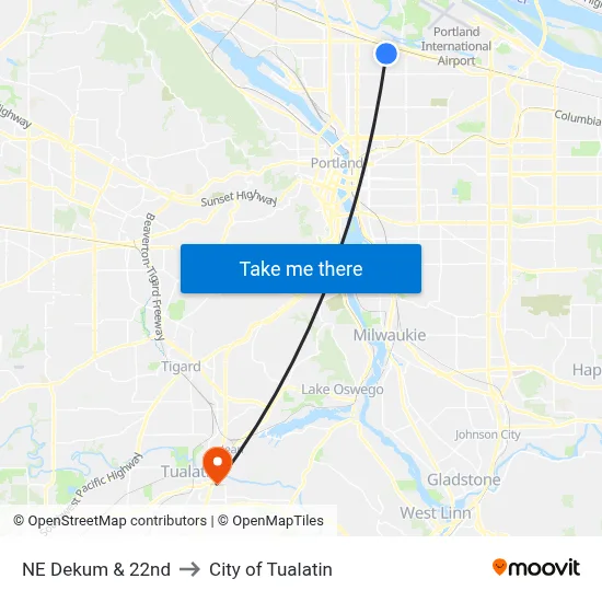 NE Dekum & 22nd to City of Tualatin map
