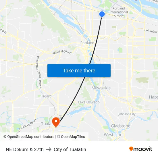 NE Dekum & 27th to City of Tualatin map
