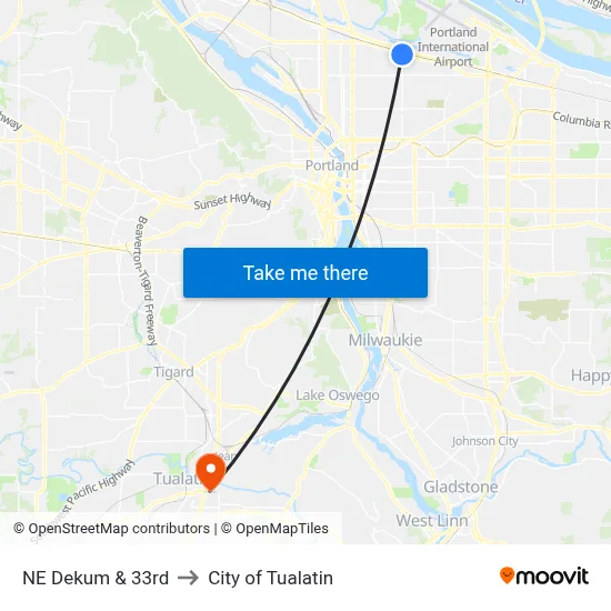 NE Dekum & 33rd to City of Tualatin map