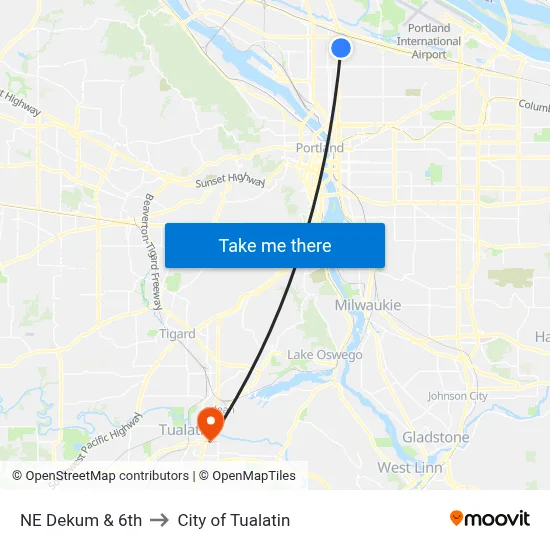 NE Dekum & 6th to City of Tualatin map