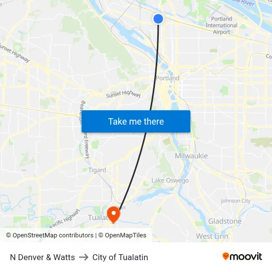 N Denver & Watts to City of Tualatin map