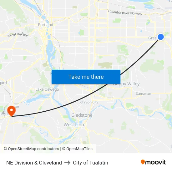 NE Division & Cleveland to City of Tualatin map