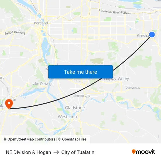 NE Division & Hogan to City of Tualatin map
