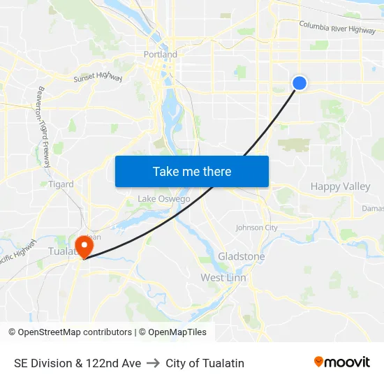 SE Division & 122nd Ave to City of Tualatin map