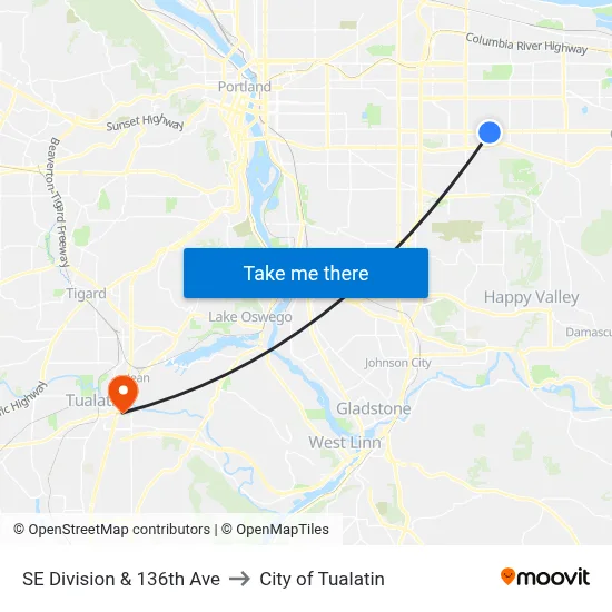 SE Division & 136th Ave to City of Tualatin map