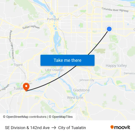 SE Division & 142nd Ave to City of Tualatin map