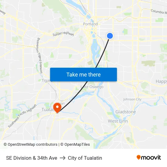 SE Division & 34th Ave to City of Tualatin map
