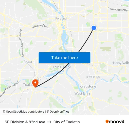 SE Division & 82nd Ave to City of Tualatin map