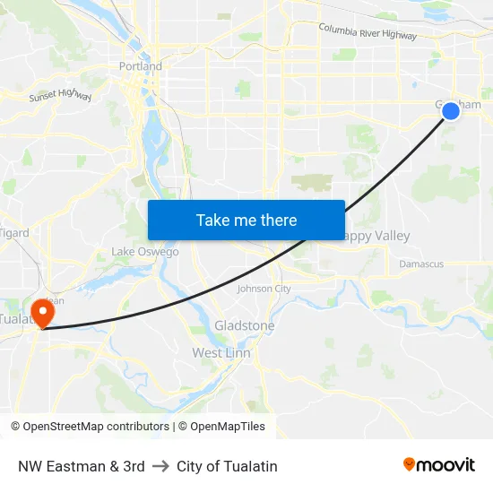 NW Eastman & 3rd to City of Tualatin map