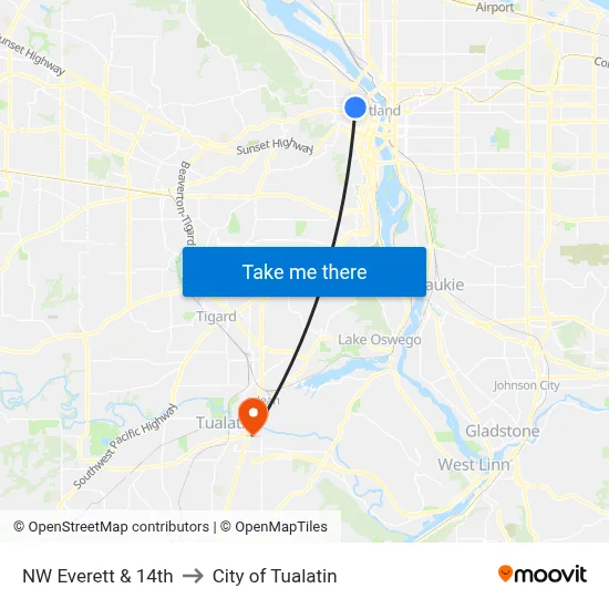 NW Everett & 14th to City of Tualatin map