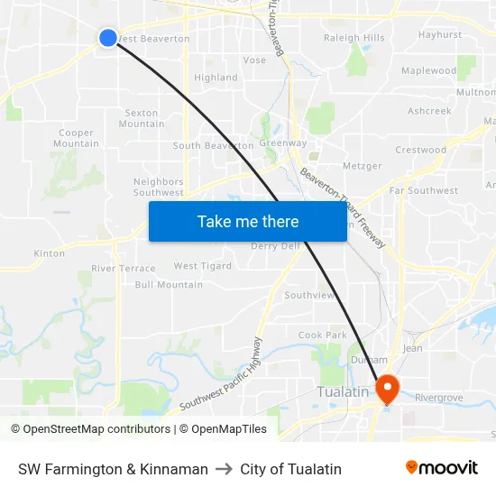 SW Farmington & Kinnaman to City of Tualatin map