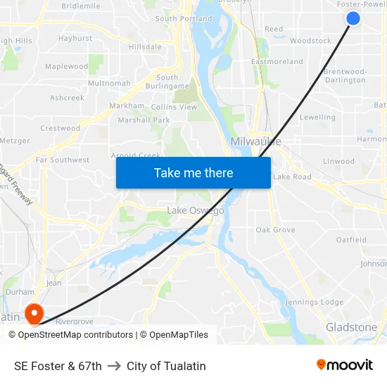 SE Foster & 67th to City of Tualatin map