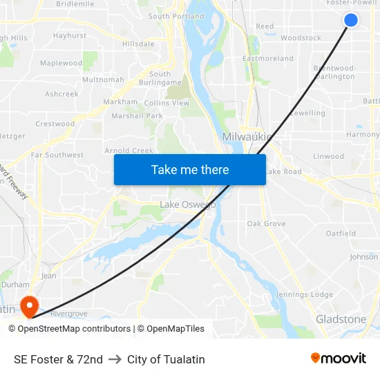 SE Foster & 72nd to City of Tualatin map