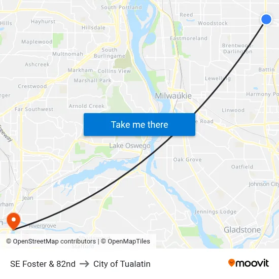 SE Foster & 82nd to City of Tualatin map