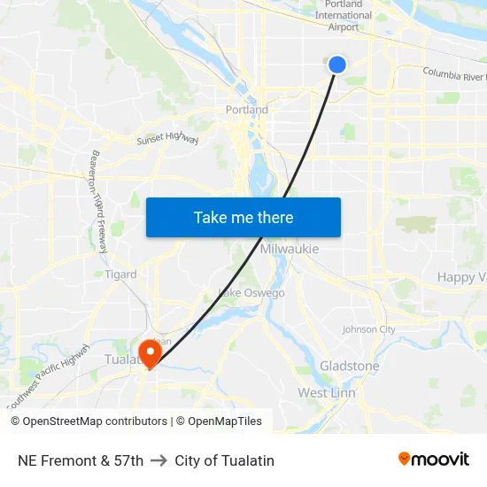 NE Fremont & 57th to City of Tualatin map