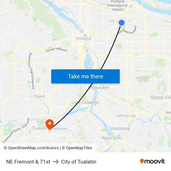 NE Fremont & 71st to City of Tualatin map