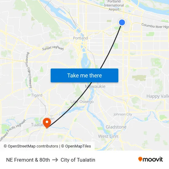 NE Fremont & 80th to City of Tualatin map
