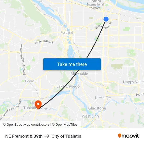 NE Fremont & 89th to City of Tualatin map