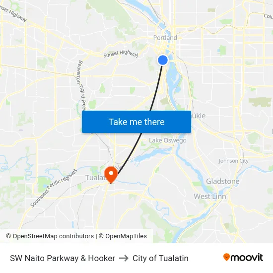 SW Naito Parkway & Hooker to City of Tualatin map