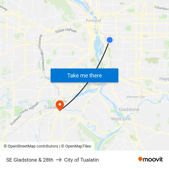 SE Gladstone & 28th to City of Tualatin map