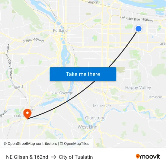 NE Glisan & 162nd to City of Tualatin map