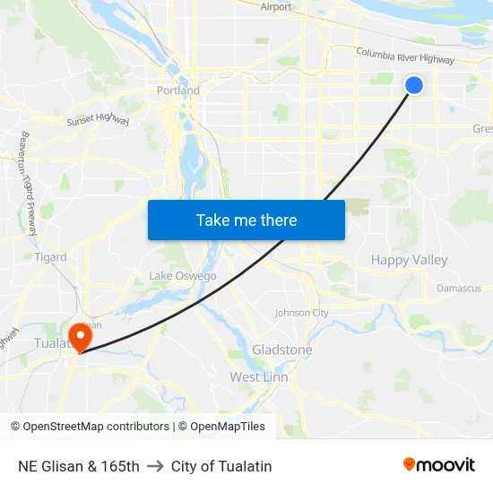NE Glisan & 165th to City of Tualatin map