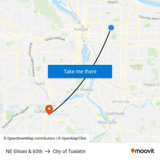 NE Glisan & 60th to City of Tualatin map