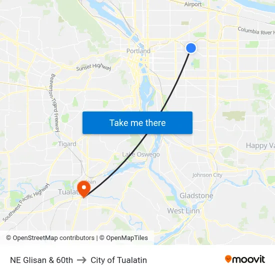 NE Glisan & 60th to City of Tualatin map
