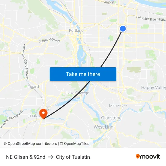 NE Glisan & 92nd to City of Tualatin map