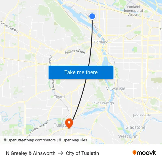 N Greeley & Ainsworth to City of Tualatin map