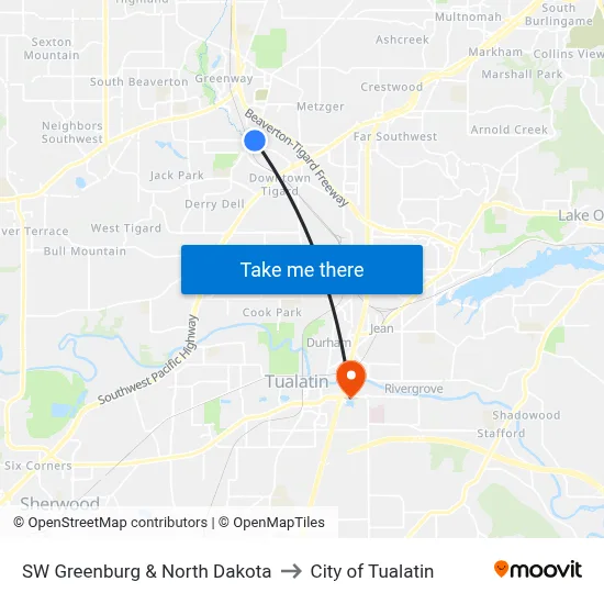 SW Greenburg & North Dakota to City of Tualatin map