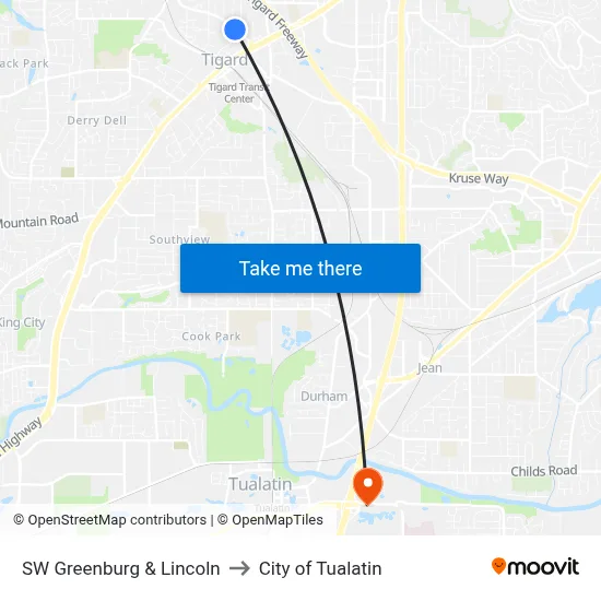 SW Greenburg & Lincoln to City of Tualatin map