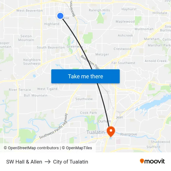 SW Hall & Allen to City of Tualatin map