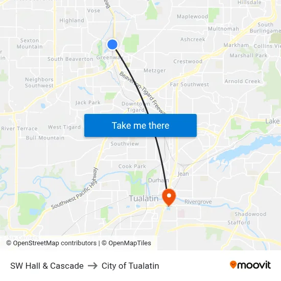 SW Hall & Cascade to City of Tualatin map