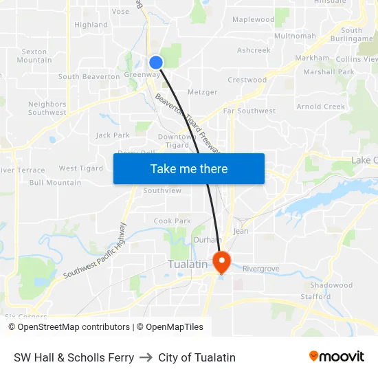SW Hall & Scholls Ferry to City of Tualatin map