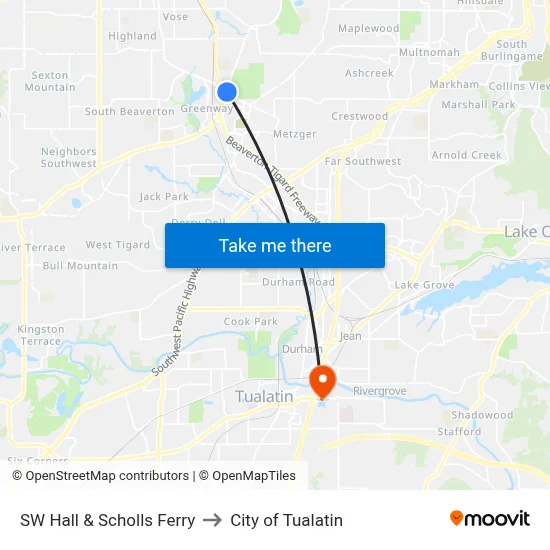 SW Hall & Scholls Ferry to City of Tualatin map