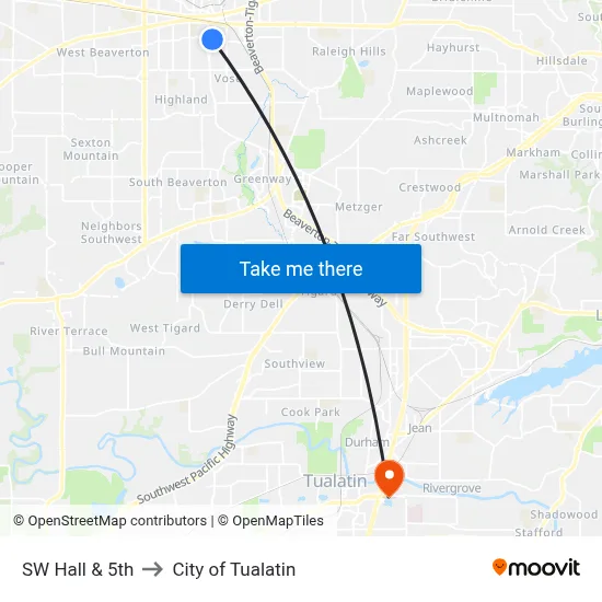 SW Hall & 5th to City of Tualatin map