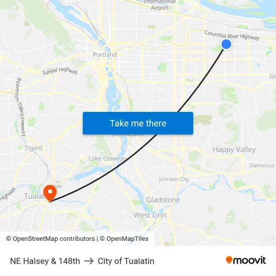 NE Halsey & 148th to City of Tualatin map