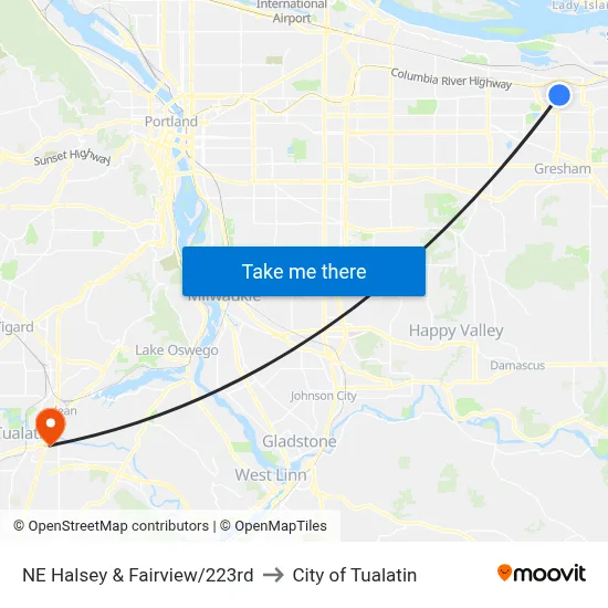 NE Halsey & Fairview/223rd to City of Tualatin map
