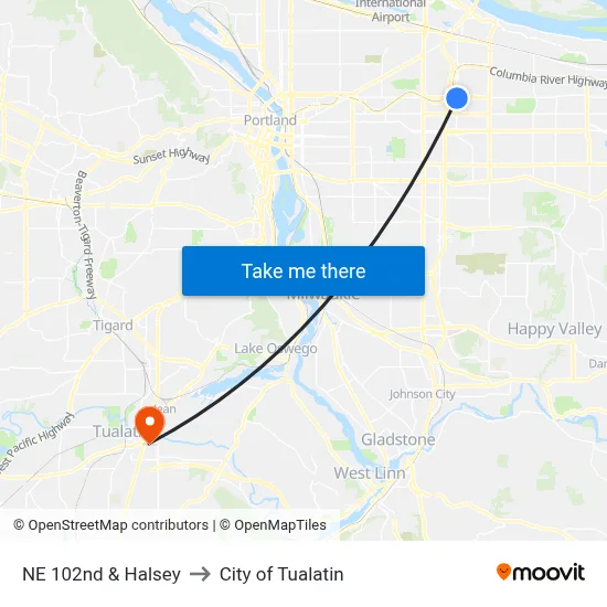 NE 102nd & Halsey to City of Tualatin map