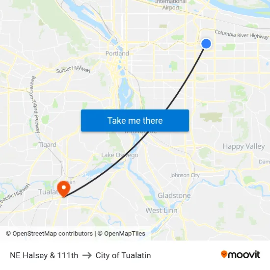 NE Halsey & 111th to City of Tualatin map