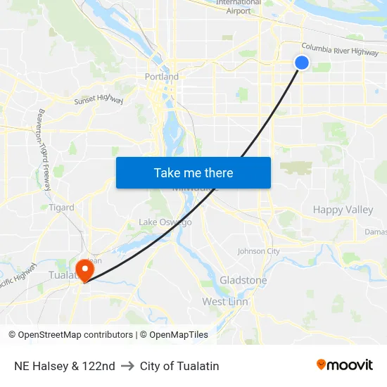 NE Halsey & 122nd to City of Tualatin map