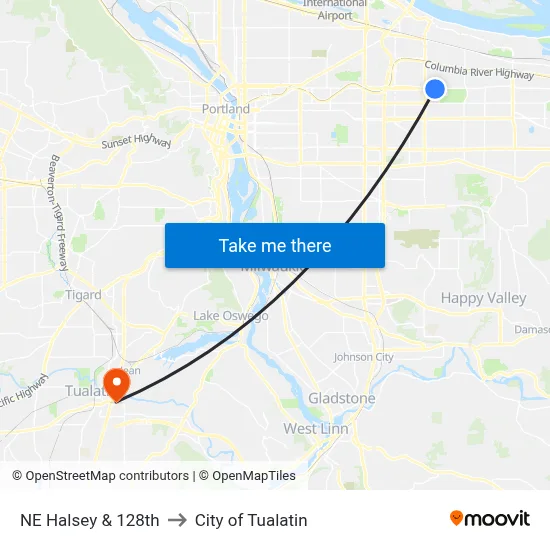 NE Halsey & 128th to City of Tualatin map