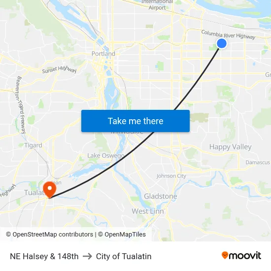 NE Halsey & 148th to City of Tualatin map