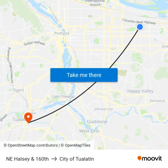 NE Halsey & 160th to City of Tualatin map