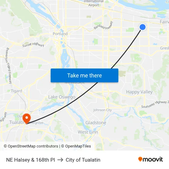 NE Halsey & 168th Pl to City of Tualatin map