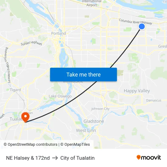 NE Halsey & 172nd to City of Tualatin map