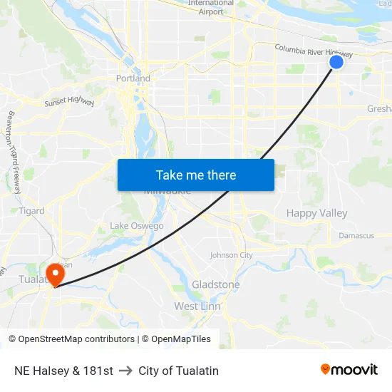 NE Halsey & 181st to City of Tualatin map